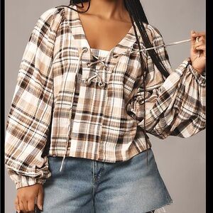 Anthropologie Women's Brown Plaid Balloon Sleeve Lace Up Peasant Top Sz XLP